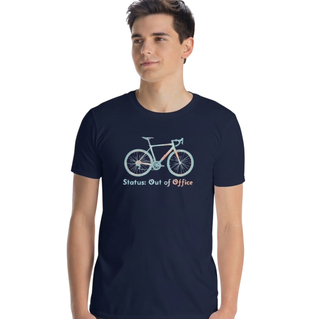 Bikes Make Me Happy navy blue cotton t-shirt featuring a drop-bar bike graphic and Out of Office text on a model.