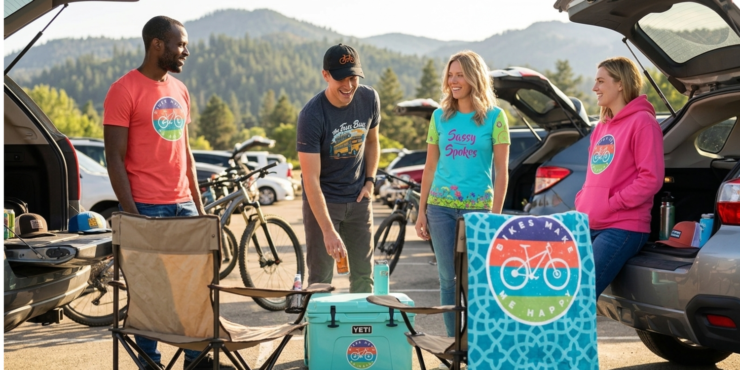Group of men and women standing in a parking lot with bikes, chairs, and a cooler wearing Bikes Make Me Happy shirts and hat