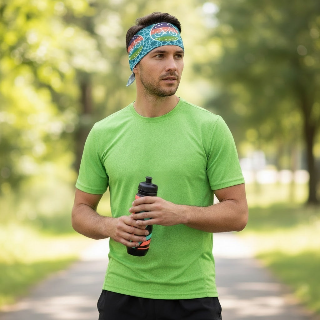 Bikes Make Me Happy bandana featuring a colorful bicycle badge print worn by a man in a green athletic shirt