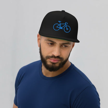Bikes Make Me Happy high-profile black flat bill cap with blue embroidered bike on a bearded man