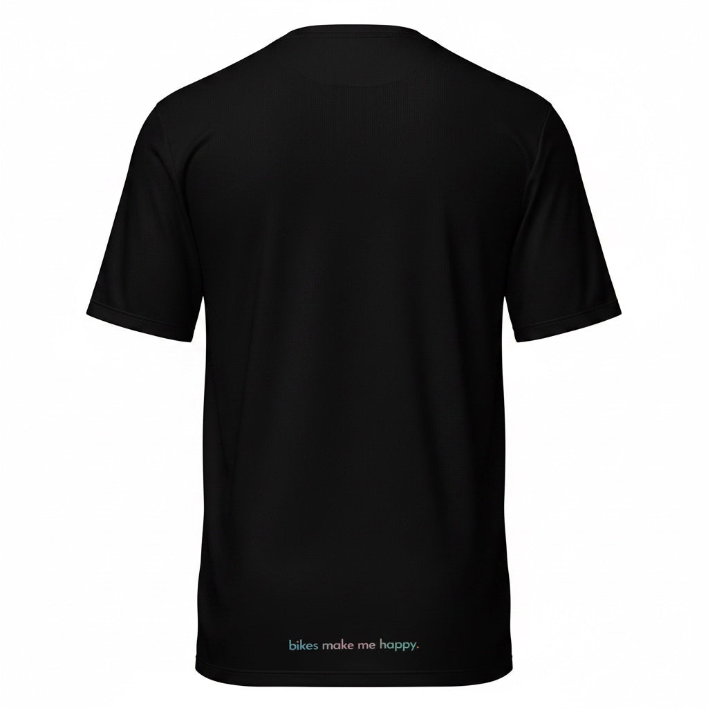 Back view of a black Bikes Make Me Happy performance riding shirt with breathable mesh fabric and small logo detail.
