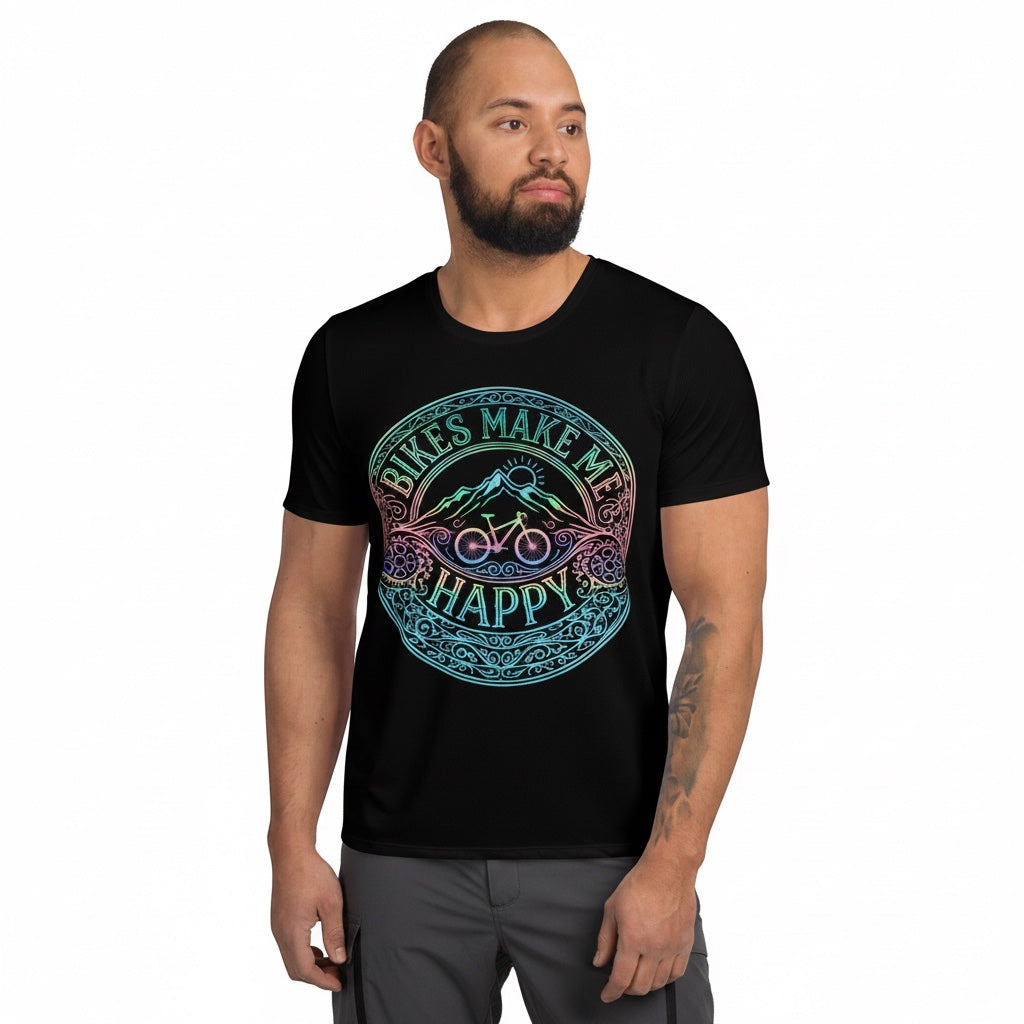 Bikes Make Me Happy men's black athletic riding shirt with a colorful mountain and bicycle graphic on the chest.