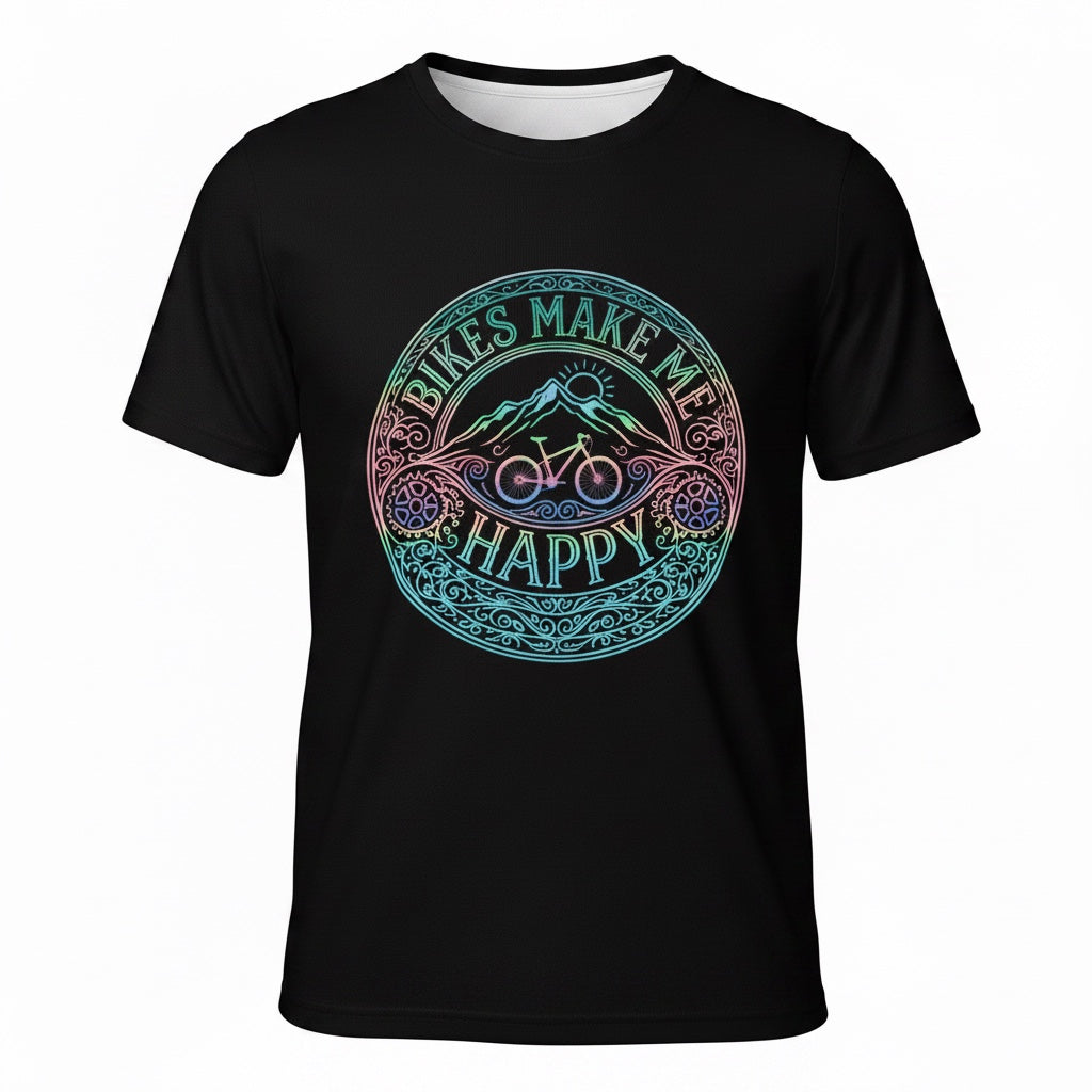 Bikes Make Me Happy men's black performance riding shirt with a colorful etched mountain and bicycle graphic.