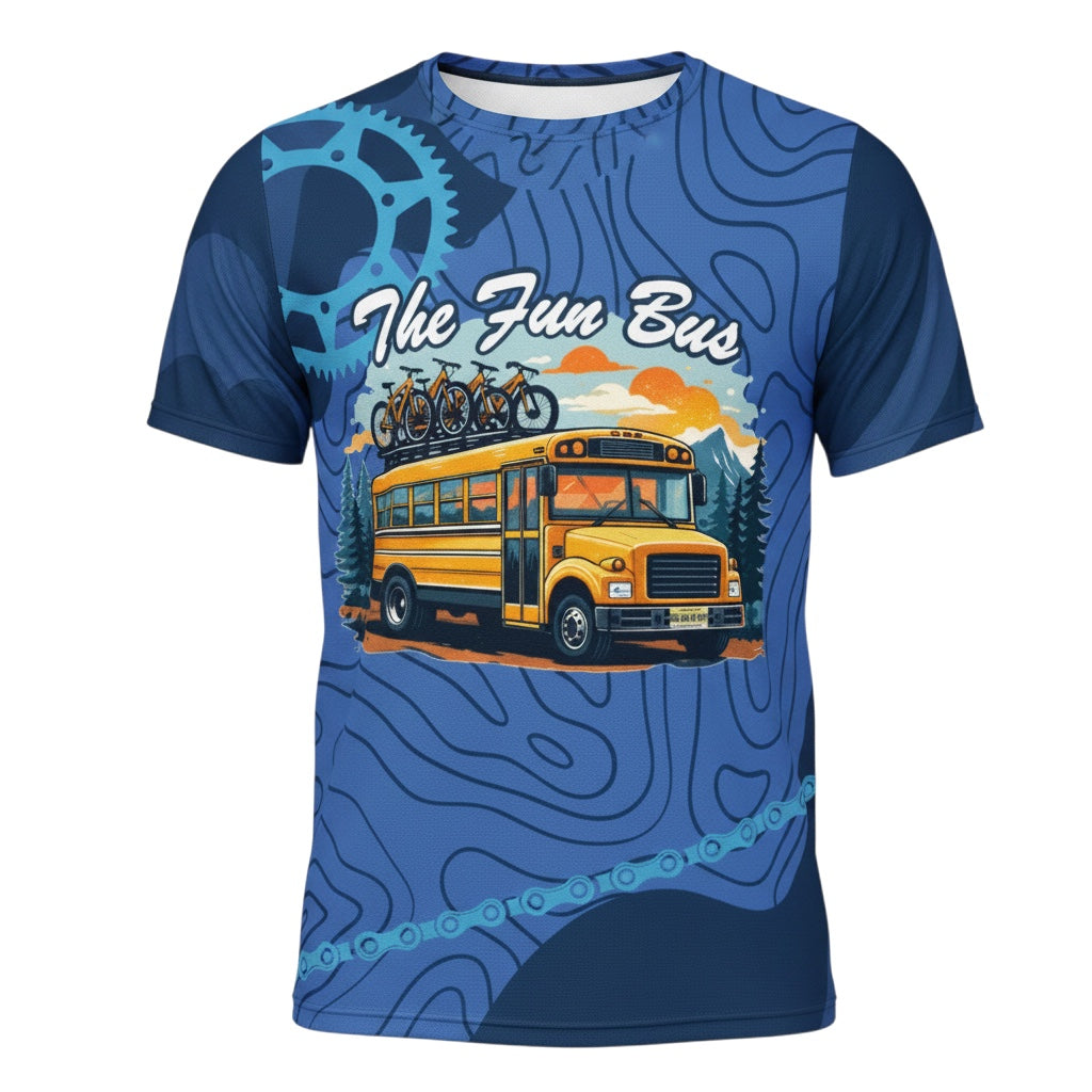 Bikes Make Me Happy blue performance riding shirt featuring a yellow school bus graphic with bikes on the roof
