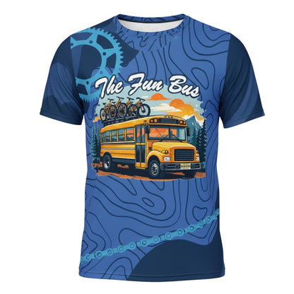 Bikes Make Me Happy blue performance riding shirt featuring a yellow school bus graphic with bikes on the roof