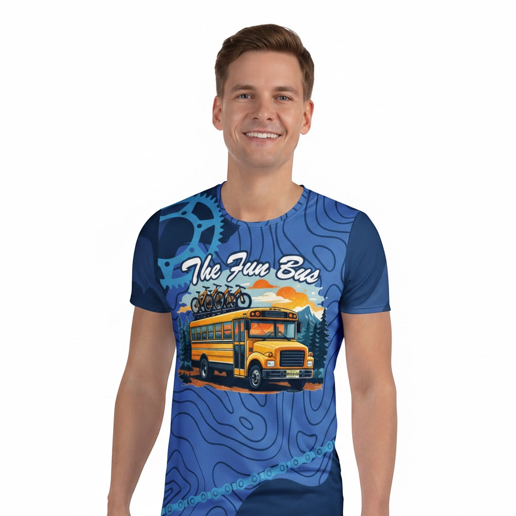 Bikes Make Me Happy men's blue performance riding shirt with a yellow school bus graphic and UPF 50+ protection.