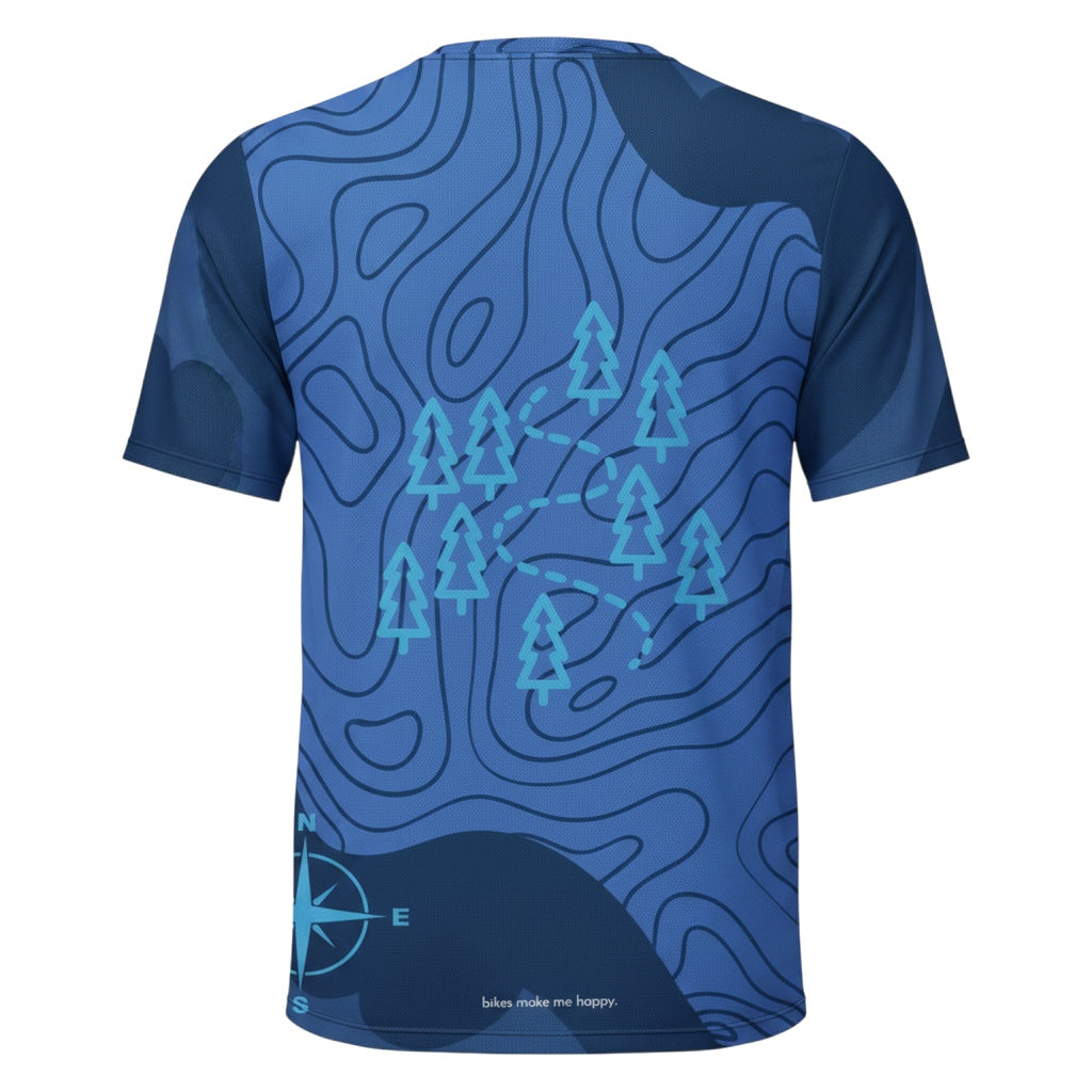 Bikes Make Me Happy blue performance riding shirt with topographic map print, pine trees, and compass detail.