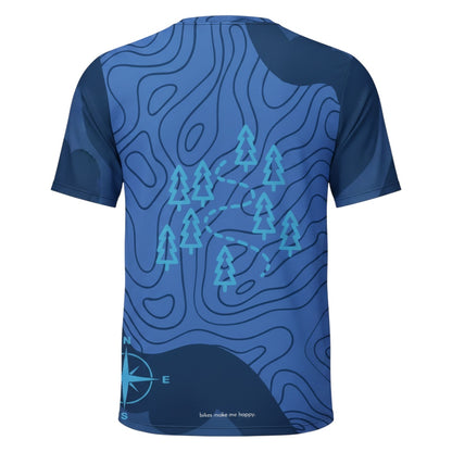 Bikes Make Me Happy blue performance riding shirt with topographic map print, pine trees, and compass detail.