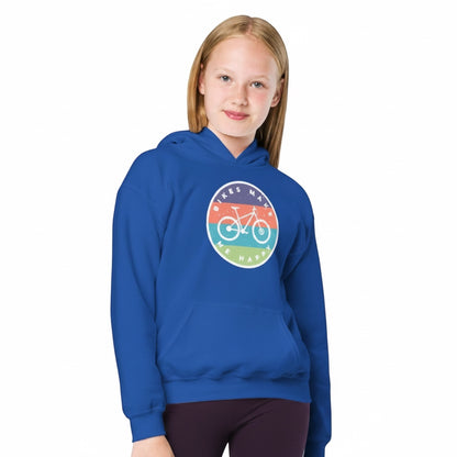 A young girl wearing a blue Bikes Make Me Happy youth hoodie with a circular graphic badge on the chest.