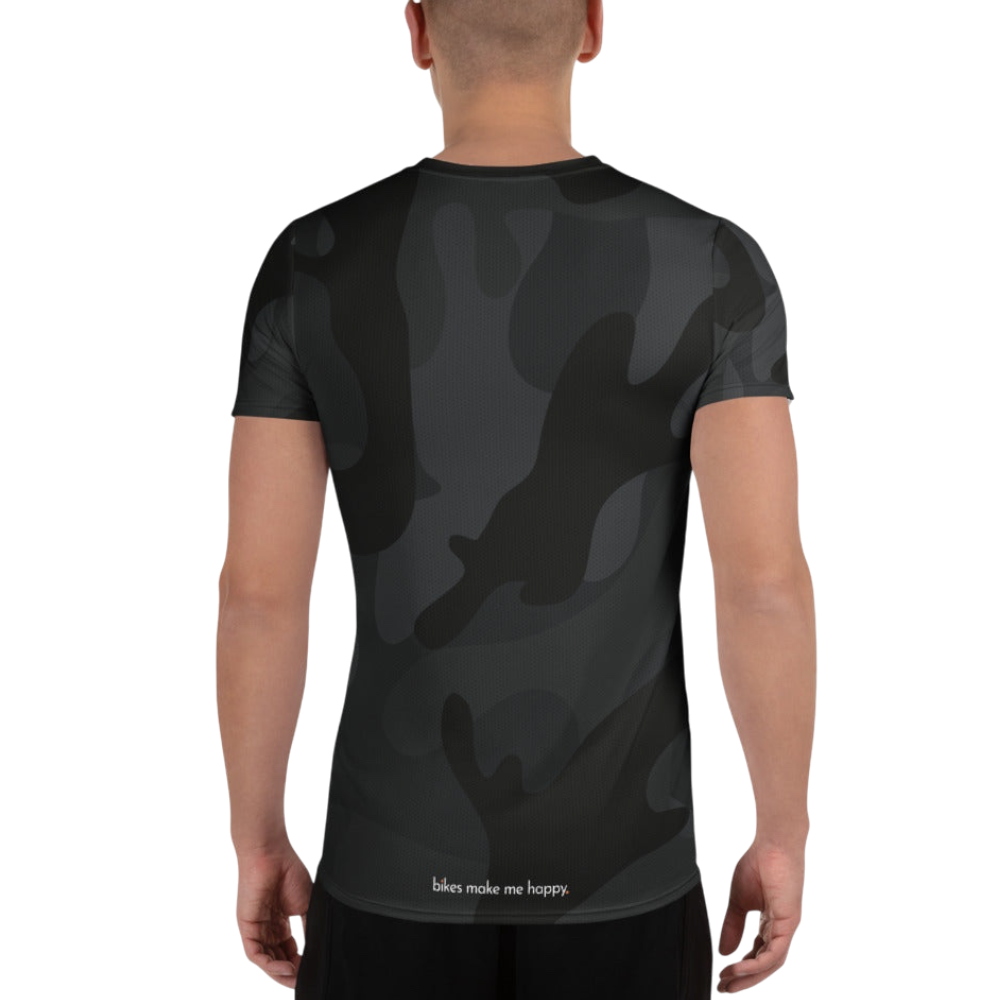 Back view of a man wearing a Bikes Make Me Happy black and gray camo performance riding shirt with mesh fabric.