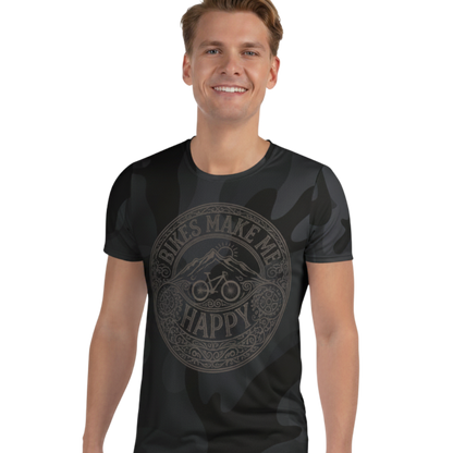 A man wearing a Bikes Make Me Happy black and gray camo performance riding shirt with an etched graphic design.