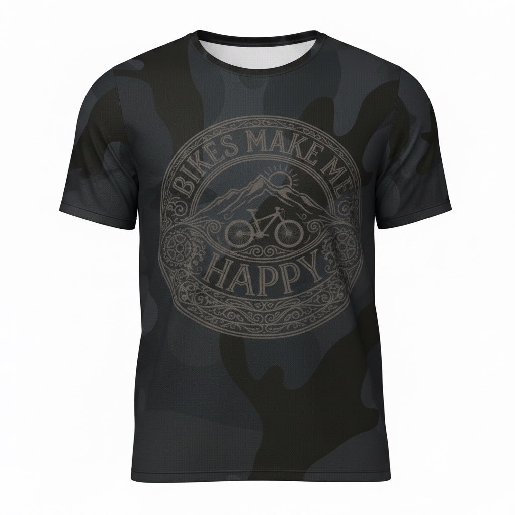 Bikes Make Me Happy men's performance riding shirt in black and gray camo with an etched mountain bike graphic.