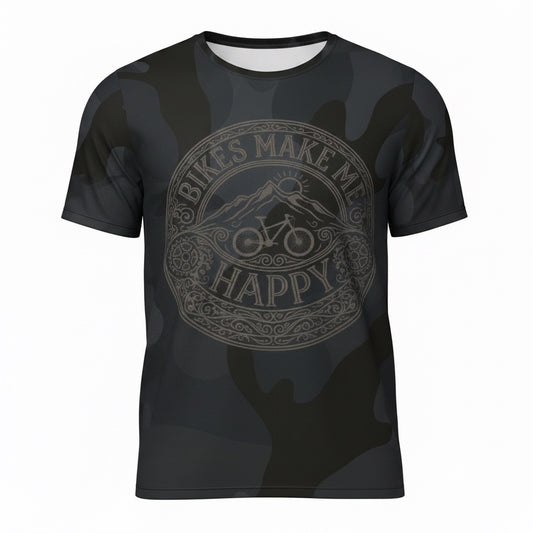 Bikes Make Me Happy men's performance riding shirt in black and gray camo with an etched mountain bike graphic.