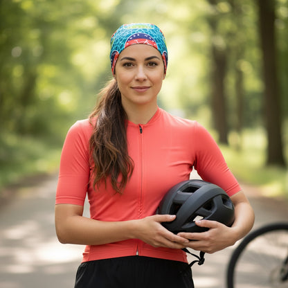 A cyclist wearing a Bikes Make Me Happy bandana with a colorful bike-themed print, holding a black helmet outdoors.
