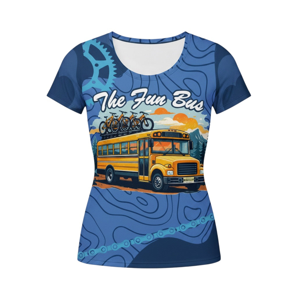 Bikes Make Me Happy women's blue performance riding shirt with Fun Bus graphic, UPF 50+ mesh fabric.
