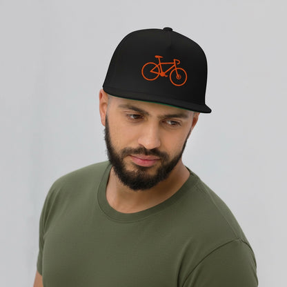 Bikes Make Me Happy high-profile black cotton snapback hat with orange drop-bar bike embroidery and green undervisor