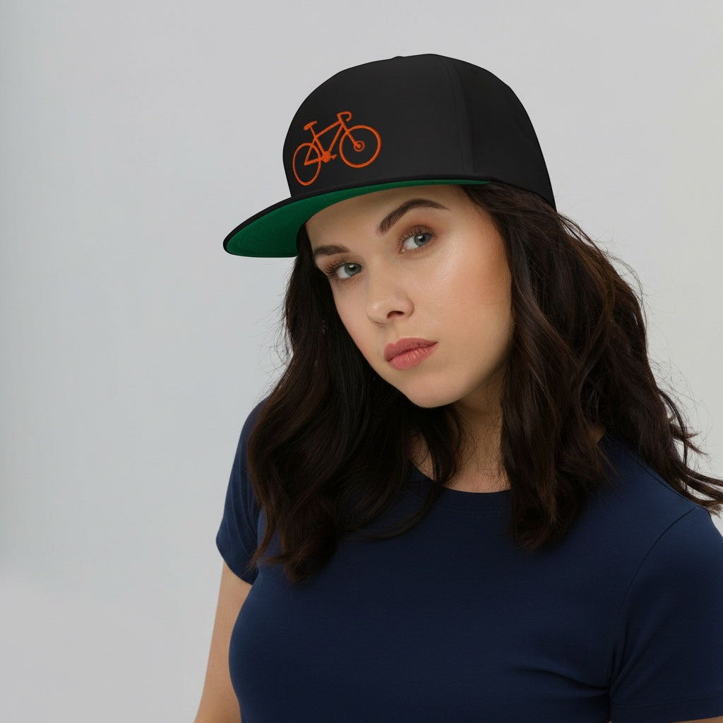 Bikes Make Me Happy high-profile black cotton snapback hat with orange bike embroidery and green undervisor