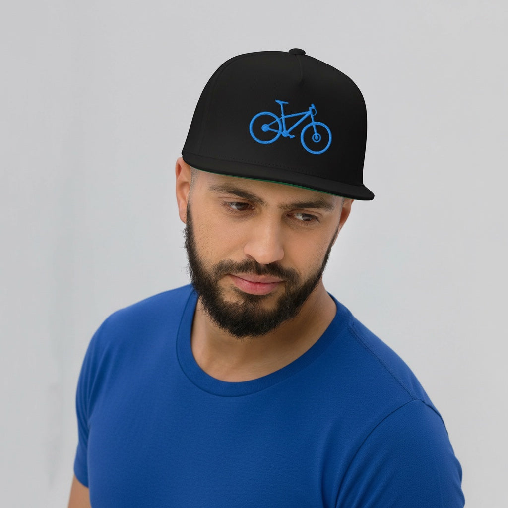 Bikes Make Me Happy high-profile black cotton flat-bill cap with blue mountain bike embroidery and green undervisor