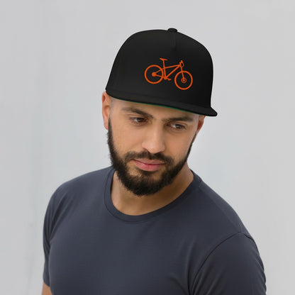 Bikes Make Me Happy high-profile black cotton snapback hat with orange mountain bike embroidery and green undervisor