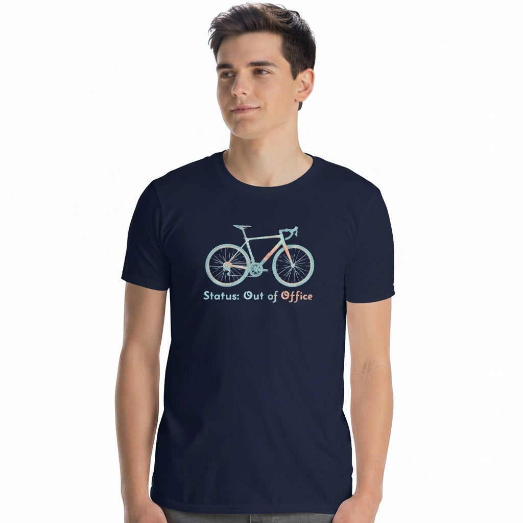 Bikes Make Me Happy navy blue cotton t-shirt featuring a drop-bar bike graphic and Out of Office text on a model.