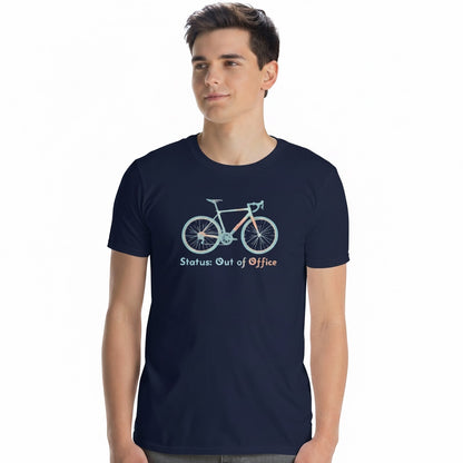 Bikes Make Me Happy navy blue cotton t-shirt featuring a drop-bar bike graphic and Out of Office text on a model.