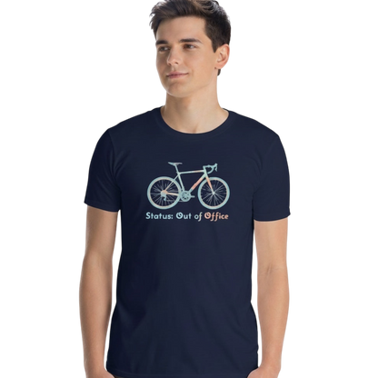 Bikes Make Me Happy navy blue cotton t-shirt featuring a drop-bar bike graphic and Out of Office text on a model.