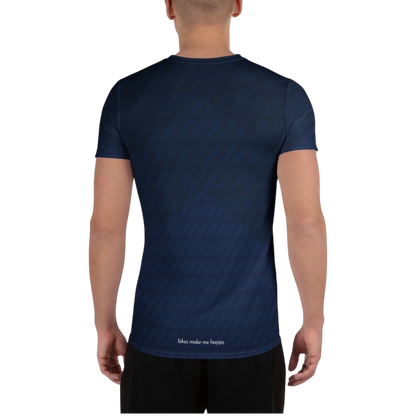 Back view of a man wearing a Bikes Make Me Happy navy blue performance riding shirt with a subtle chevron pattern.