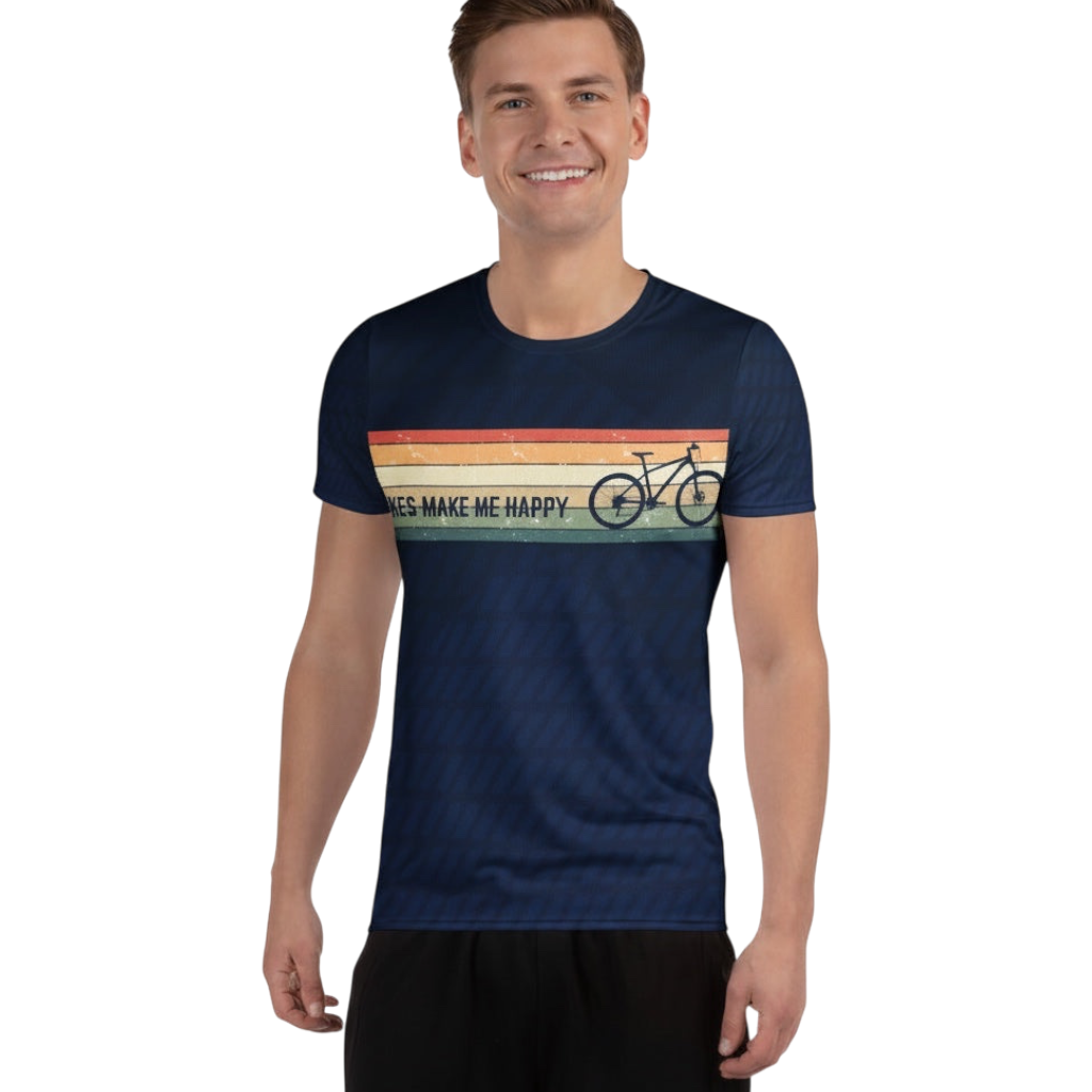 Bikes Make Me Happy men's navy riding shirt with retro striped graphic and bike print, made of breathable mesh fabric.