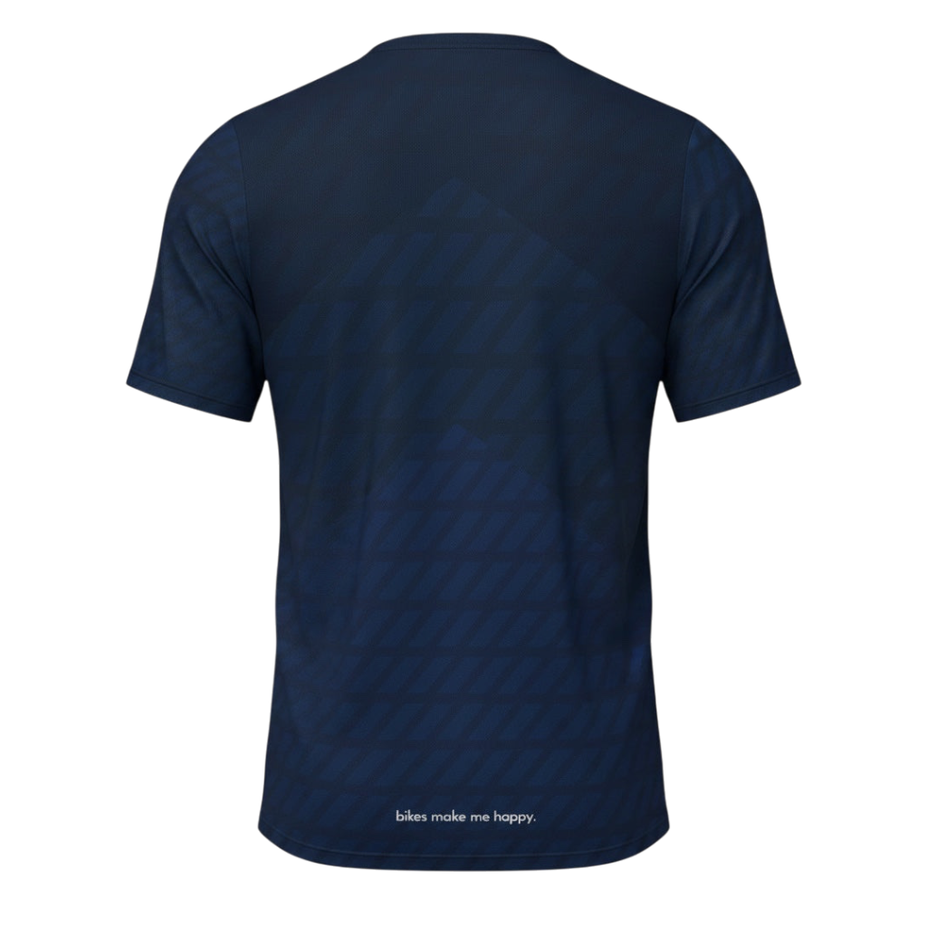 Bikes Make Me Happy men's navy blue performance riding shirt with a subtle chevron pattern and back graphic