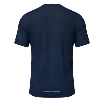 Bikes Make Me Happy men's navy blue performance riding shirt with a subtle chevron pattern and back graphic
