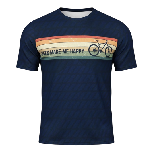 Bikes Make Me Happy men's navy performance riding shirt with retro striped graphic and bicycle print.