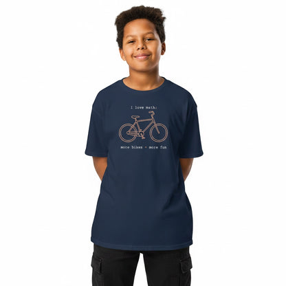 Bikes Make Me Happy navy blue cotton youth t-shirt with a bicycle graphic and math equation text