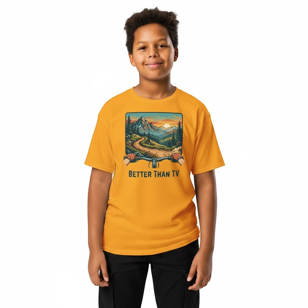Bikes Make Me Happy youth cotton t-shirt in orange featuring a mountain bike trail graphic and Better Than TV text.