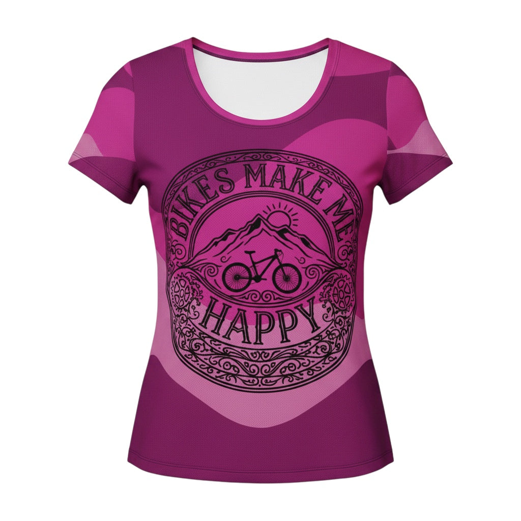Bikes Make Me Happy women's pink camo riding shirt with a black etched mountain bike graphic and performance mesh.