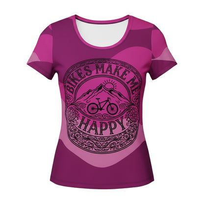 Bikes Make Me Happy women's pink camo riding shirt with a black etched mountain bike graphic and performance mesh.