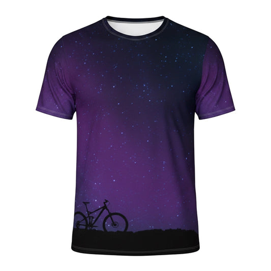 Bikes Make Me Happy men's purple night sky riding shirt with mountain bike silhouette and moisture-wicking mesh fabric
