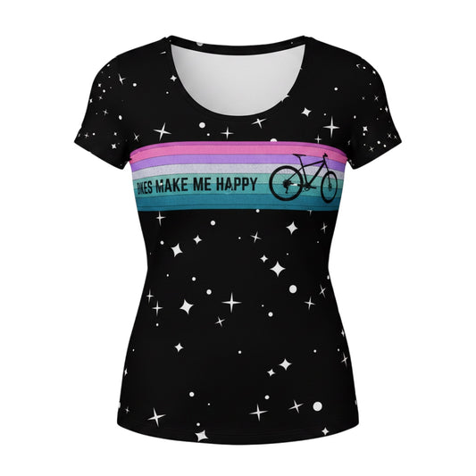 Bikes Make Me Happy women's black performance riding shirt with a starry night sky print and striped bike graphic.