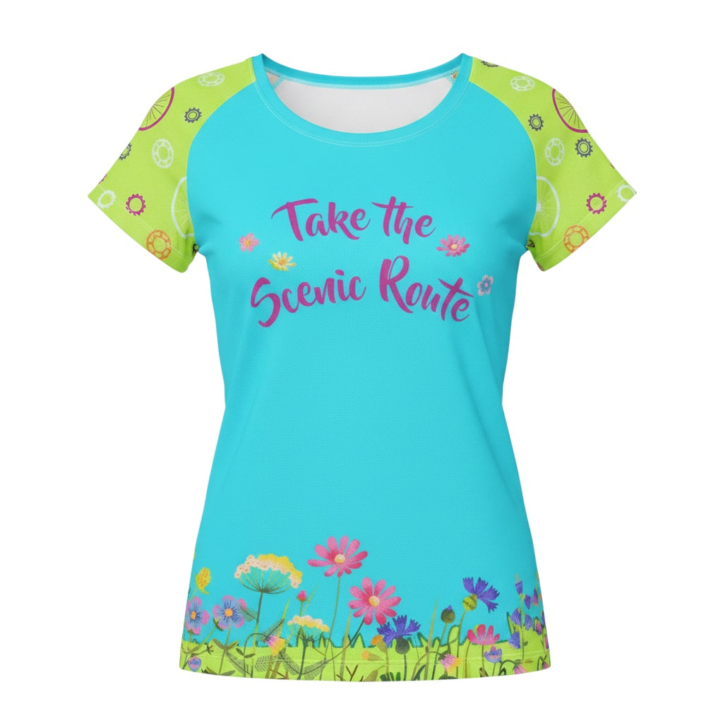 Bikes Make Me Happy women's blue performance riding shirt with wildflower print, Take the Scenic Route text, and mesh