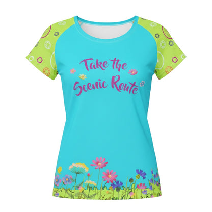Bikes Make Me Happy women's blue performance riding shirt with wildflower print, Take the Scenic Route text, and mesh
