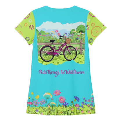 Bikes Make Me Happy women's riding shirt with a wildflower and cruiser bike print on the back, featuring mesh fabric.