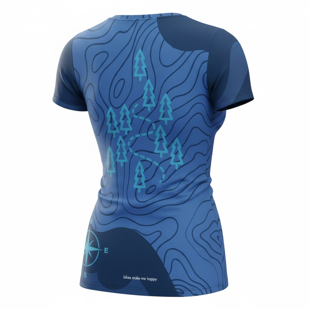 Bikes Make Me Happy women's blue riding shirt with topographic map print, pine trees, and compass design on back.