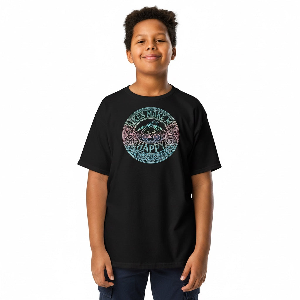 A young boy wearing a black Bikes Make Me Happy cotton t-shirt with a circular etched bike graphic in blue and pink.