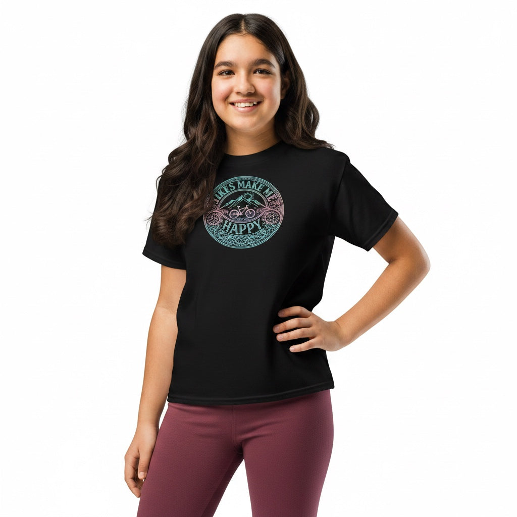 A young girl wearing a black Bikes Make Me Happy cotton t-shirt with a circular etched bicycle graphic on the chest.