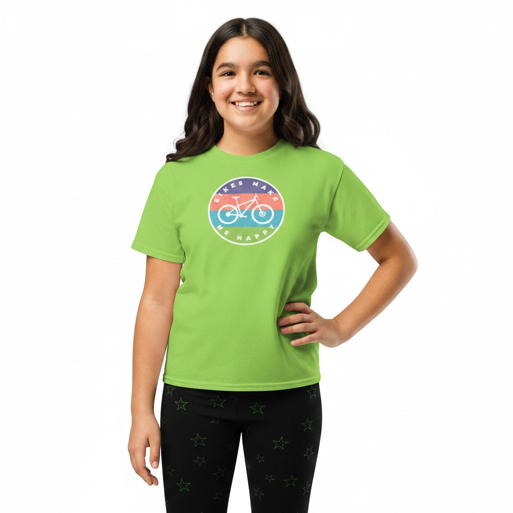 Young girl wearing a Bikes Make Me Happy lime green cotton t-shirt with a circular bicycle graphic badge