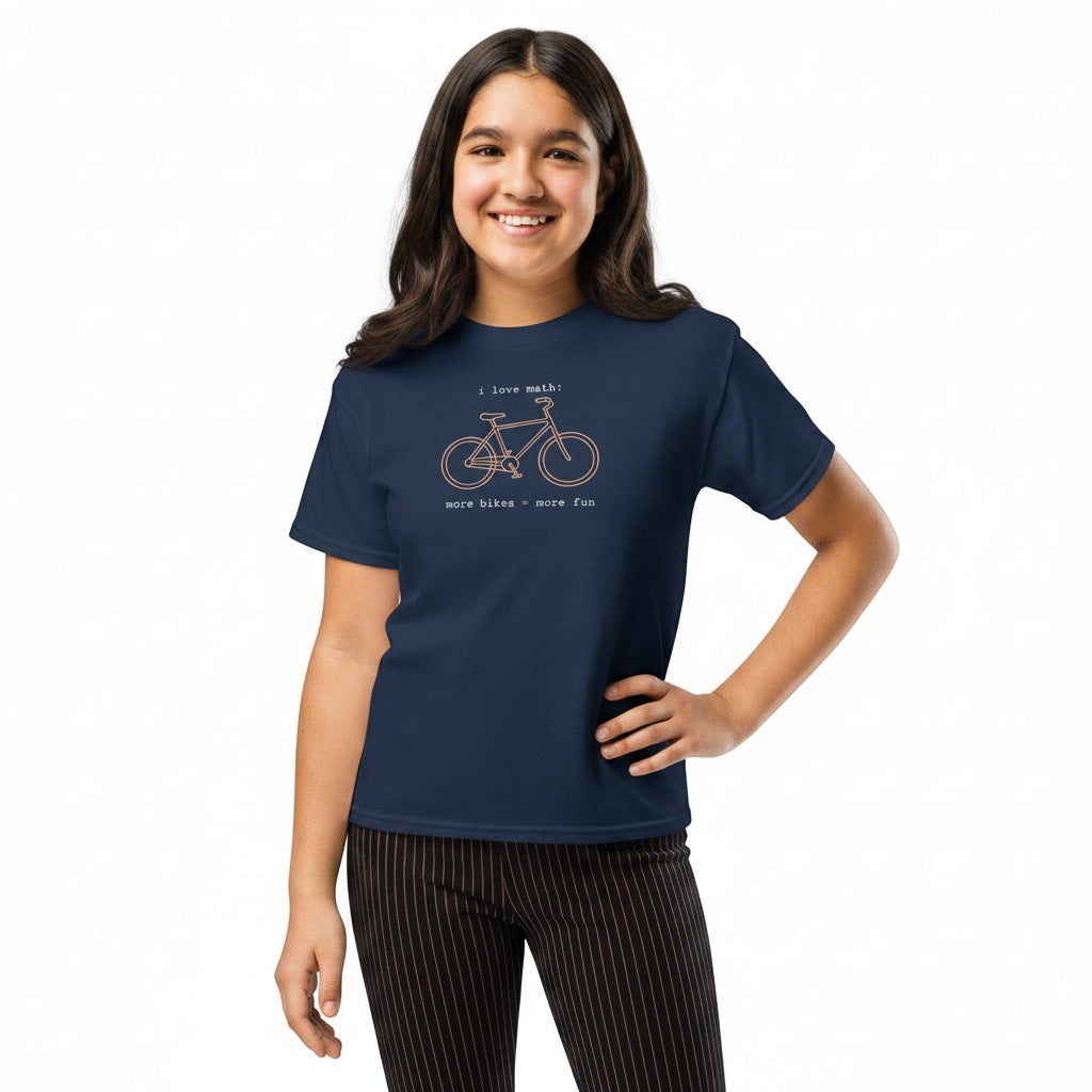 Bikes Make Me Happy youth navy blue cotton t-shirt with a bicycle graphic and math equation print