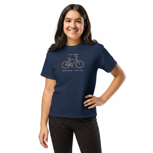 Bikes Make Me Happy youth navy blue cotton t-shirt with a bicycle graphic and math equation print