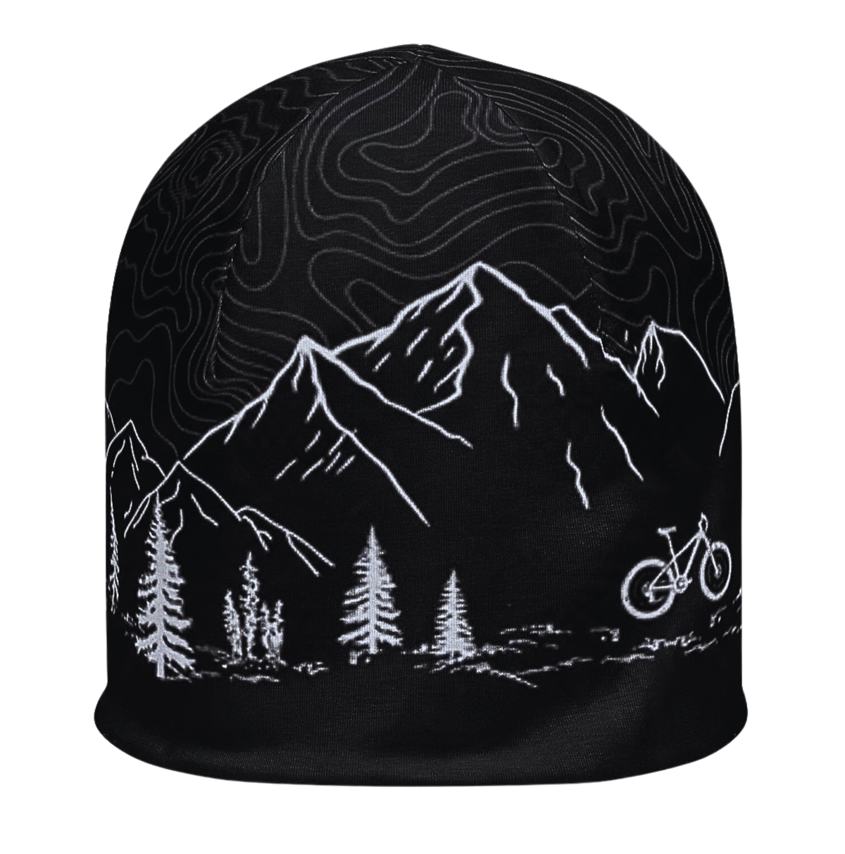black cycling beanie with gray graphics of bicycle, mountains, pine trees, and topographic lines