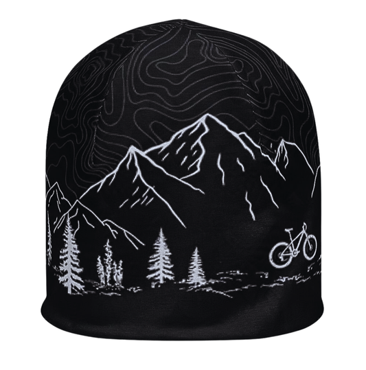 black cycling beanie with gray graphics of bicycle, mountains, pine trees, and topographic lines