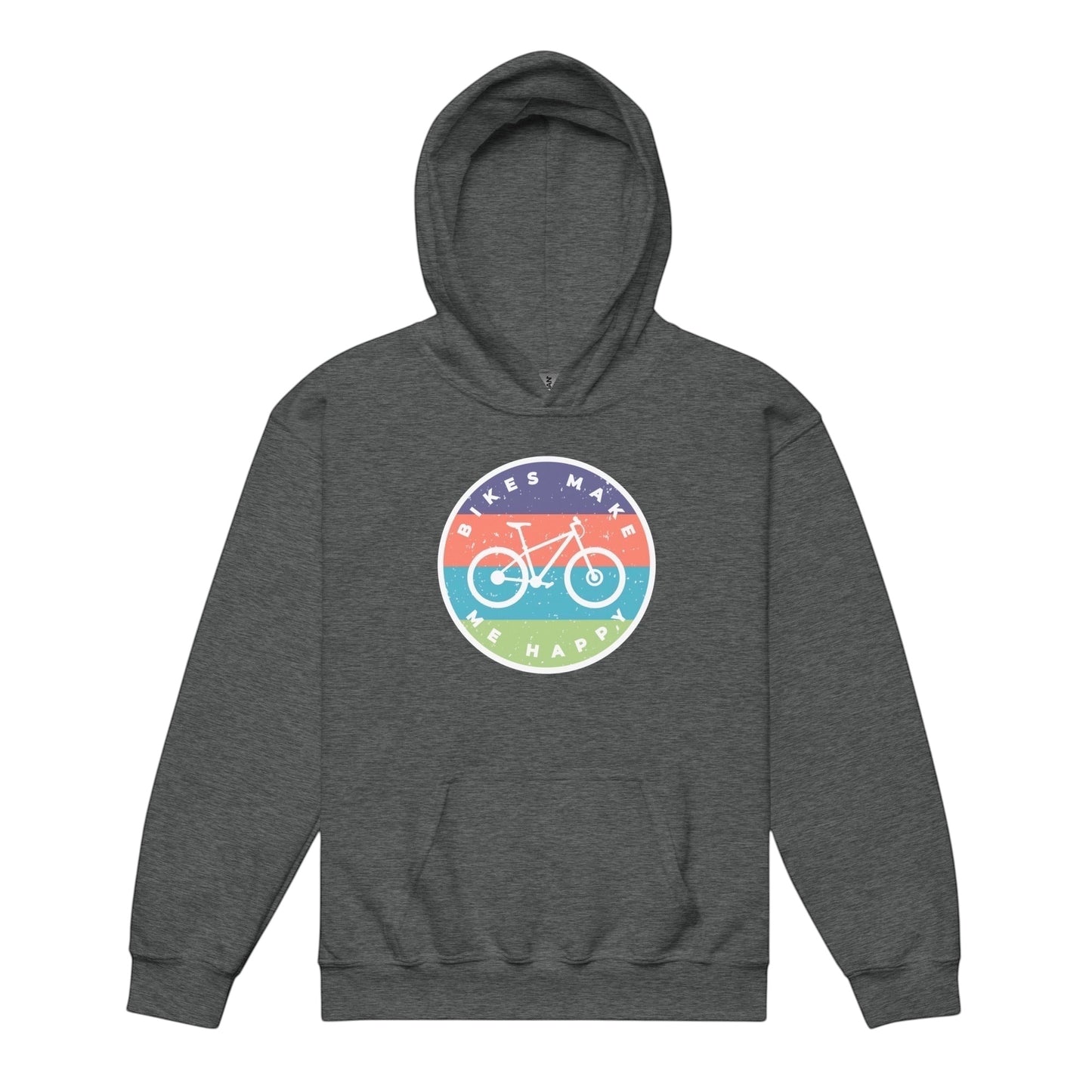 A gray Bikes Make Me Happy youth hoodie with a circular graphic badge on the chest.