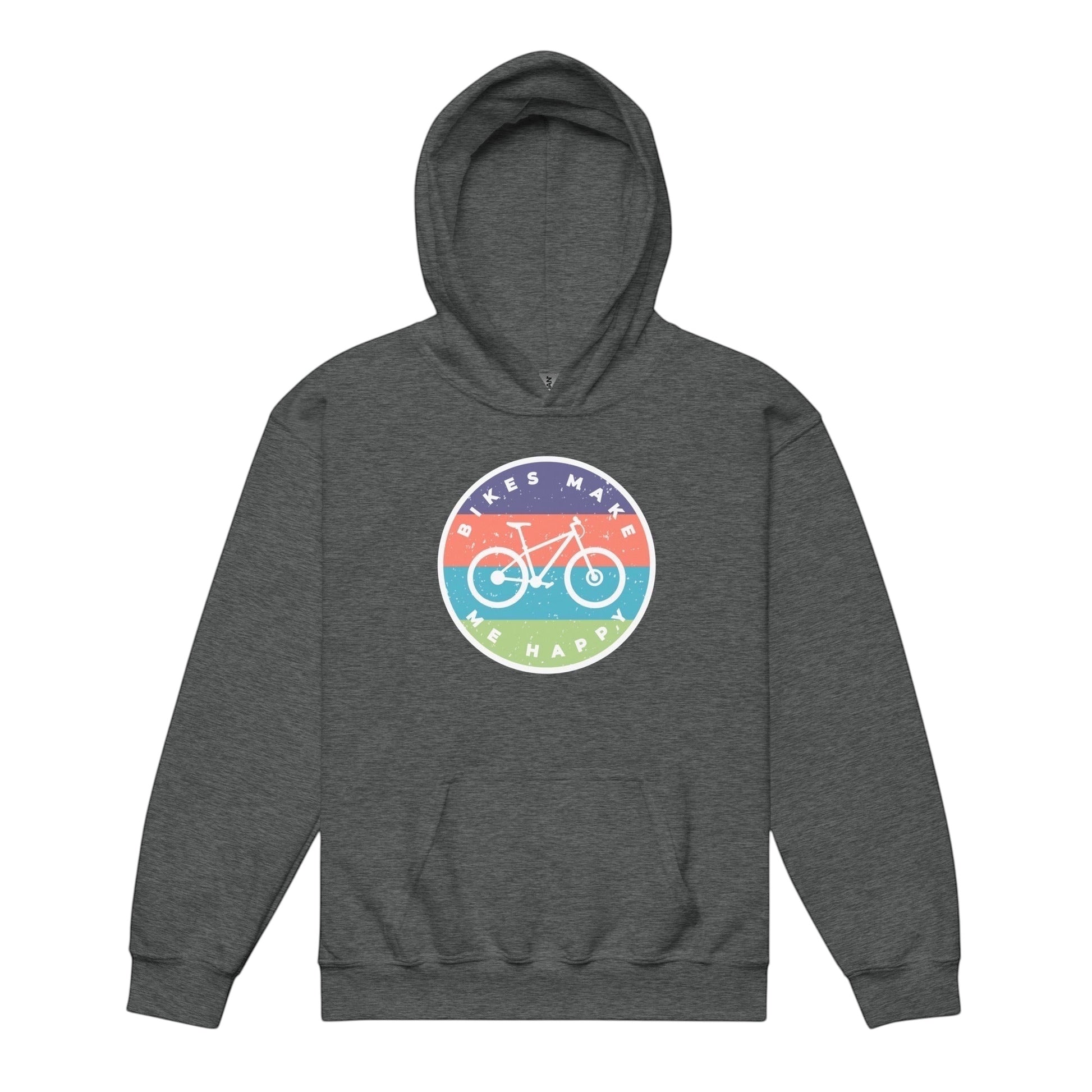 A gray Bikes Make Me Happy youth hoodie with a circular graphic badge on the chest.